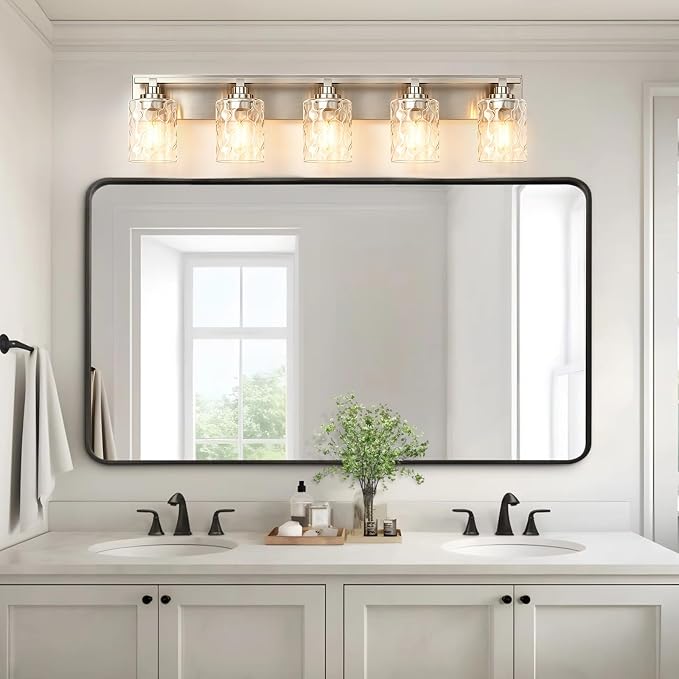 Modern Bathroom Lighting Fixtures Over Mirror, Vanity Lights for Bathroom, Wall Sconces with Clear Glass Shades, E26 Ceramic Socket, 5-Light 35.4-inch Brushed Nickel