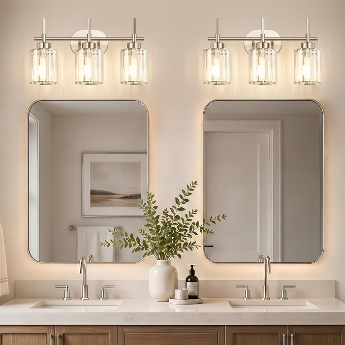 3-Light Bathroom Vanity Light Fixture, Brushed Nickel Bathroom Light with K9 Clear Crystal Shades, Modern Wall Sconce Lighting for Bathroom Mirror, Bedroom, Hallway