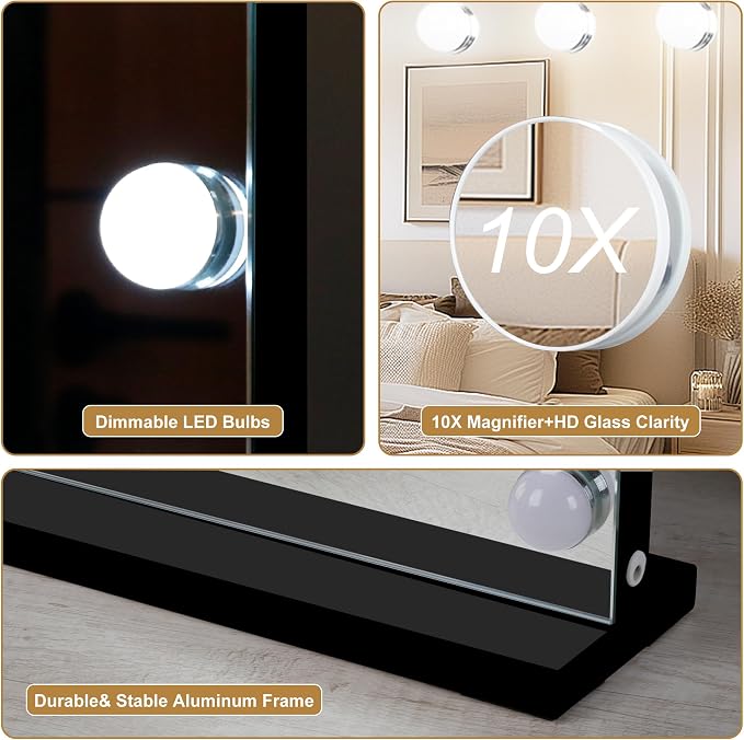 Moonee Vanity Mirror with Lights, Black Hollywood Lighted Makeup Mirror with 17 Dimmable Bulbs and 10X Magnification, 3 Colors Modes, Aluminum Metal Frame, Light Up Mirror for Tabletop/Wall（26" x 20"）