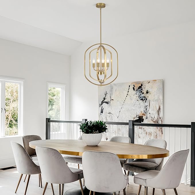 LASENCHOO 4 Lights Gold Chandelier for Dining Room Light Fixture, Modern Farmhouse Chandeliers for Entryway Foyer Lighting Fixtures, Metal Geometric Lantern Pendant Light Kitchen Island with E12 Base