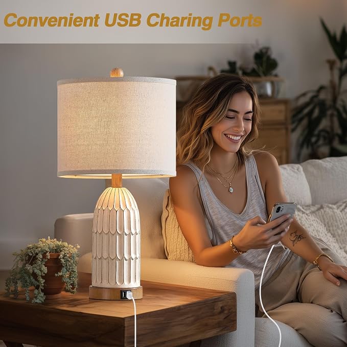 Touch Table Lamp for Bedroom Nightstand, Cream Farmhouse Vintage Rustic 3-Way Dimmable Bedside Lamps with 2 USB Charging Ports,Single Cream