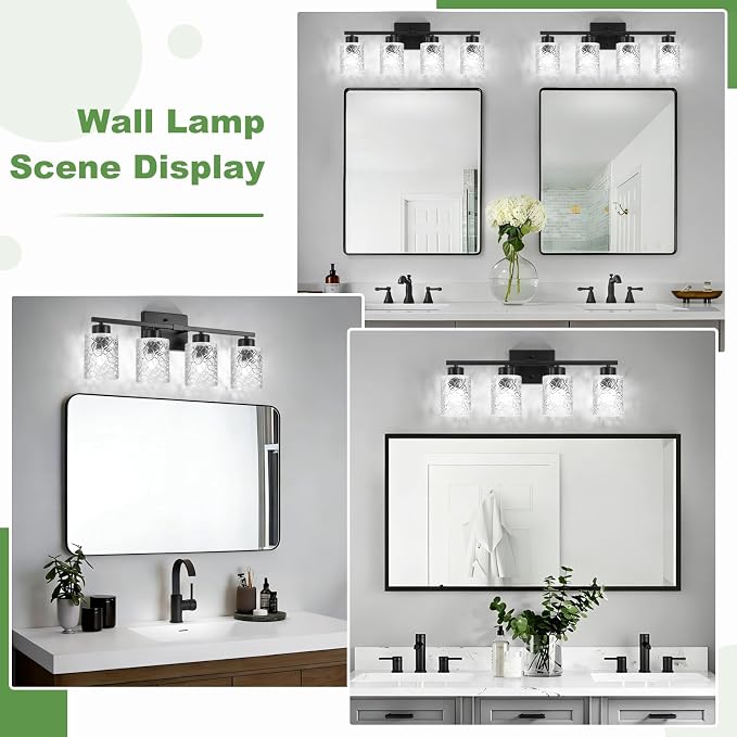 4-Light Bathroom Light Fixtures, Black Vanity Lights Over Mirror | Wall Sconces with Clear Textured Glass Shades for Living Room Bedroom Hallway,E26 Base (Bulbs Not Included)