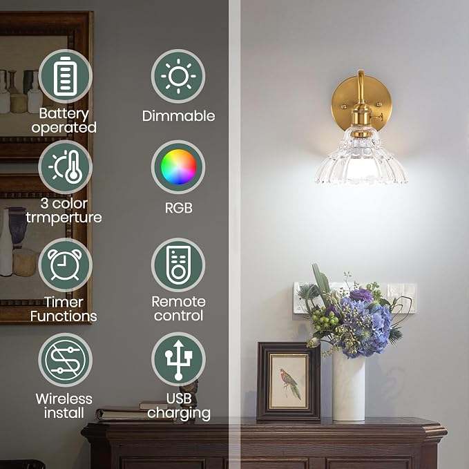 Vintage Battery Operated Wall Sconces Set Of Two, Indoor not Hardwired Brass Transparent Glass Lampshade Fixtures, Rechargeable Wireless RGB Wall Lights with Dimmable Remote, for Bedroom Living Room