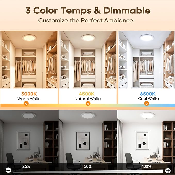 2 Pack Rechargeable Motion Sensor Ceiling Light, 8000mAh Battery Operated Ceiling Lights with Remote, Magnetic Wireless Closet Light, 3 Color Dimmable LED Lights for Closet Shower Pantry Hallway