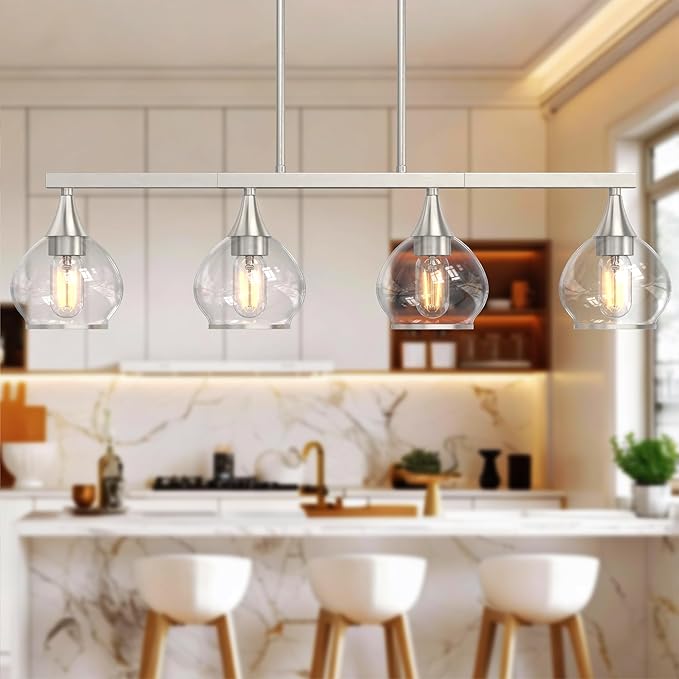 Kitchen Island Linear Pendant Light, 4-Light Brushed Nickeld Dining Room Chandelier with Clear Glass Globe Shades, Modern Linear Lighting Fixture Over Table