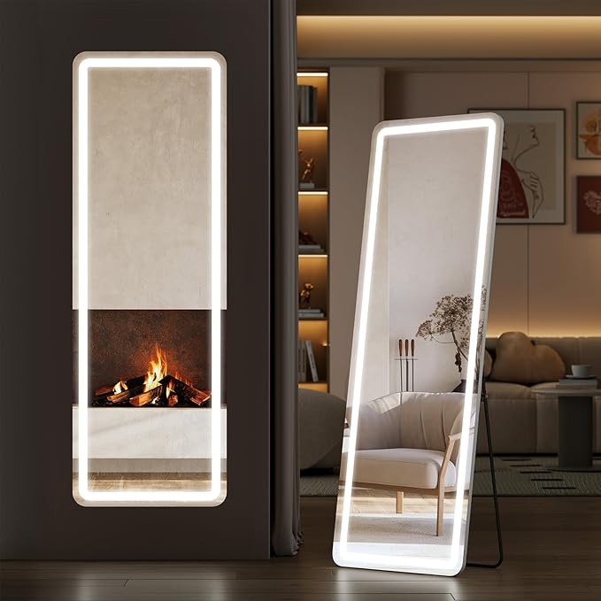 Sweetcrispy LED Full Length Floor Mirror, 60"x16" Lighted Full Body Mirror | Standing Mirror with Dimming & 3 Color Lighting, Shatterproof Tempered Glass, Wall Hanging or Leaning for Home Decor, White