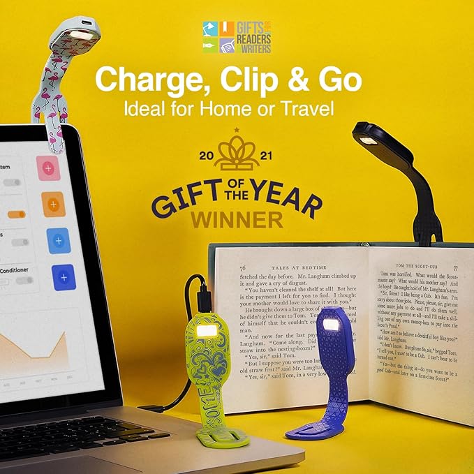 Gifts for Readers & Writers Rechargeable Book Light, Clip On Reading Light for Bed, 2in1 Flexilight & Bookmark, 12 Hours of Light Once Charged, Includes USB Cable & 2 LED Lights, Flamingo