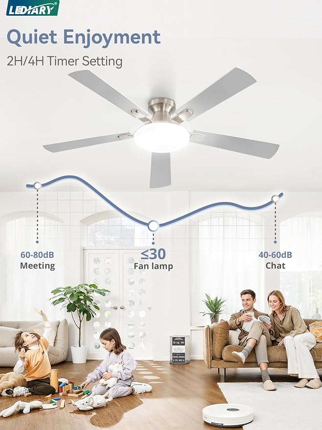 52 Inch Ceiling Fan with Lights and Remote, 30W 12" LED Panel Flush Mount Ceiling Fan, 6-Speed Quiet DC Motor Modern Low Profile Ceiling Fan with Reversible Blades for Bedroom, Living Room, Patio