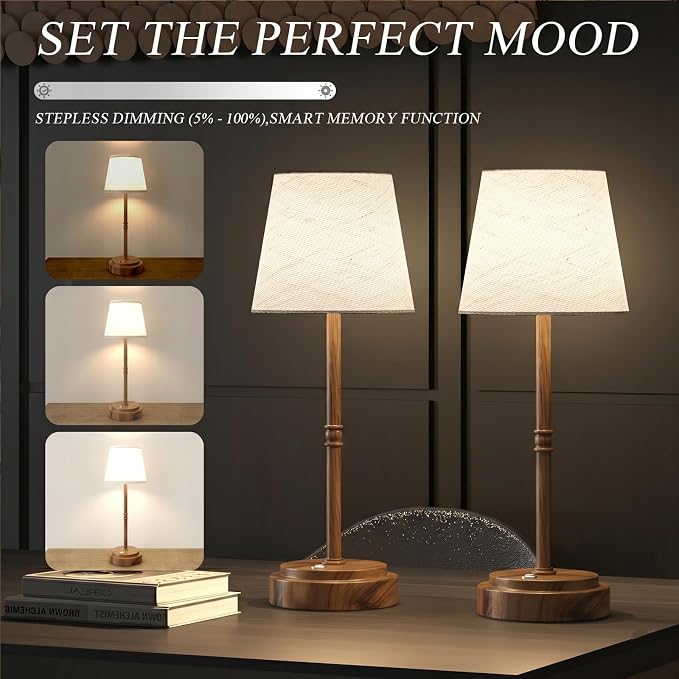 Rechargeable Cordless Table Lamp, Battery Operated Bedside Lamp, Wood Grain | 6000mAh, 4H Charge, 12-36H Runtime, 3000K Warm Light, Touch Dimming