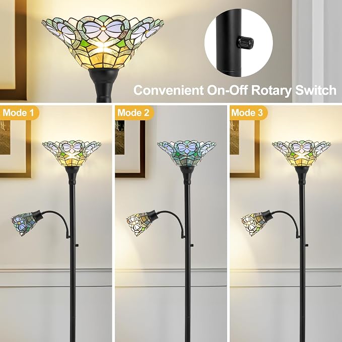 Luvkczc Tiffany-Style Floor Lamp, Stained Glass Lamp Victorian Style with Adjustable Gooseneck Reading Lamp – 70" Tall Torchiere Floor Lamps for Living Room