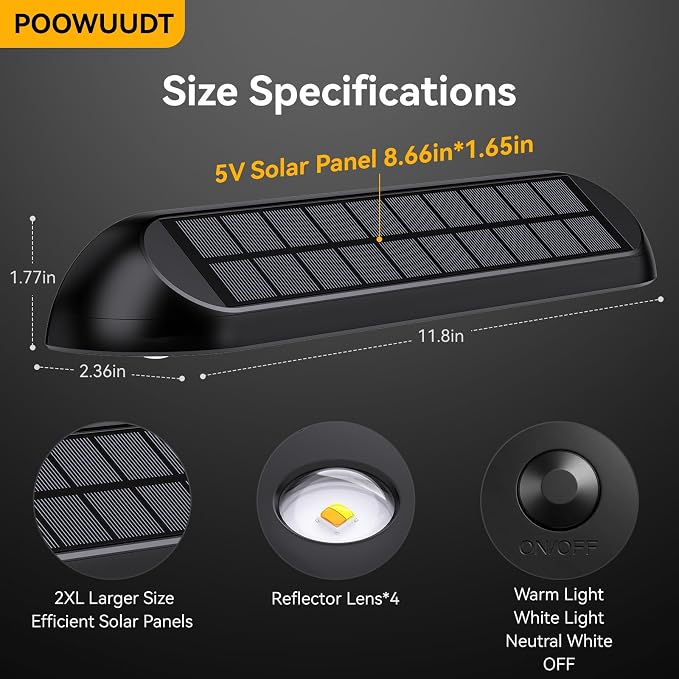 11.81inch Solar Fence Lights Outdoor Waterproof, 3-Mode (3000K/4000K/6000K),4 LED with Upgraded High-Efficiency Solar Panel & Wide Beam for Backyard/Patio/Deck/Step/Home Improvement(6 Pack)