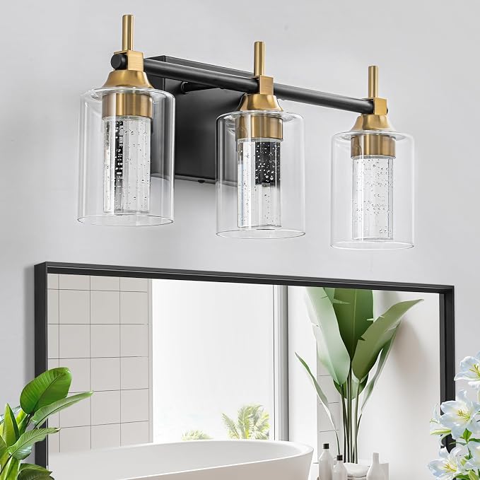 Vanity Light with 3 Color Modes (3000K/4000K/6000K), Eye Protection LED Bathroom Light Fixture, Dimmable Modern Wall Light Over Mirror with Clear Glass Shade (Black and Gold, 3-Light)