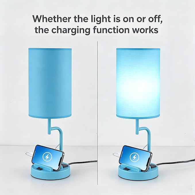 Dreamholder 2 Pack Table Lamp, Bedside Lamp with 3 USB Charging Ports & AC Outlet, USB Desk Lamp with 2 Phone Holders, Linen Fabric Shade Nightstand Lamps for Bedroom Living Room Office, Lake Blue