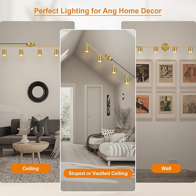 Plug in Track Lighting LED, Track Lighting Fixtures Ceiling Gold, 4-Light Kitchen Light Kit, Plug in Wall Light with 14.8ft Power Cord, Rotatable Ceiling Spotlight for Bedroom(GU10 Socket, NO Bulb)