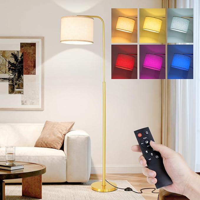 Arc RGB Floor Lamp with Remote Control Dimmable Gold lamps for Living Room | Modern Tall Standing Lamp for Bedroom Corner and Office wiht Adjustable Hanging Drum Shade Over Couch Arched Reading Light