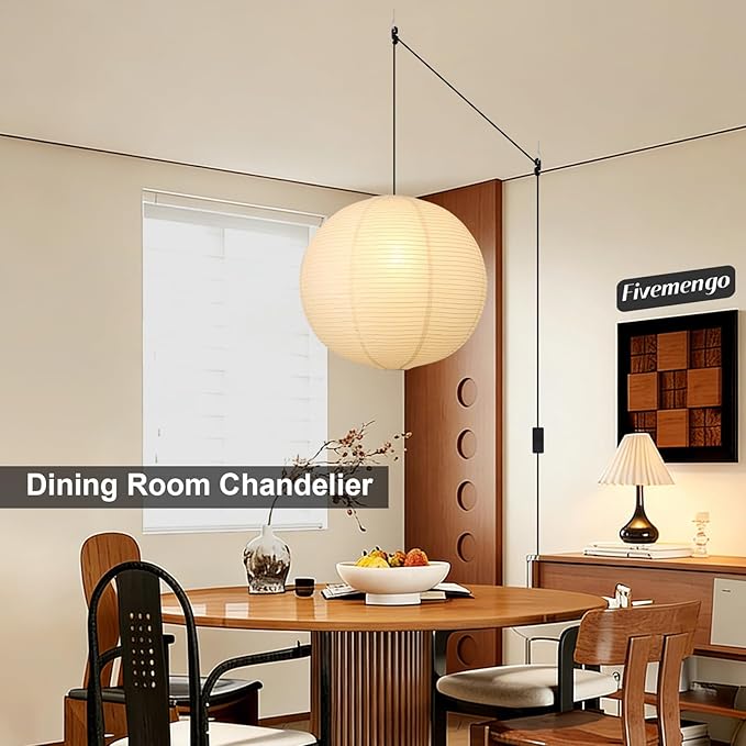23.6in Paper Lanterns Plug in Hanging Lamp Off-White 19.7FT Cord | Rice Paper Lamp Lantern Pendant Light Large Globe Japanese Japandi Wabi Sabi Chandelier for Dining Living Room Bedroom 2 Pack