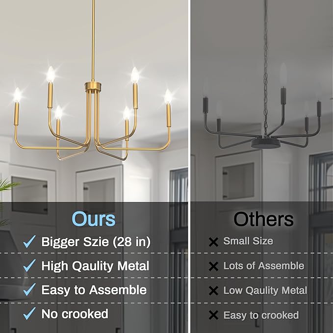 DORESshop Modern Chandelier for Dining Room, 6-Light 28" Gold Farmhouse Chandelier for Dining Room, Dining Light Fixtures Over Table for Bedroom Hall Kitchen Living Room