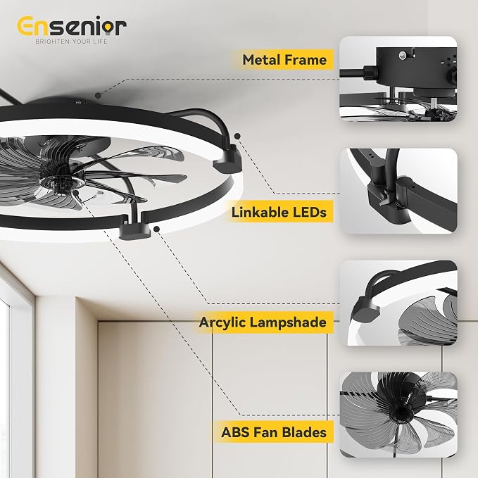 Ensenior 24 Inch Flush Mount Ceiling Fans with Lights, APP Control, Black | Quiet Reversible Motor, Night Light Mode, 6 Speeds, 3CCT, Dimmable, Low Profile, Remote, Memory Function, Timer, Bedroom