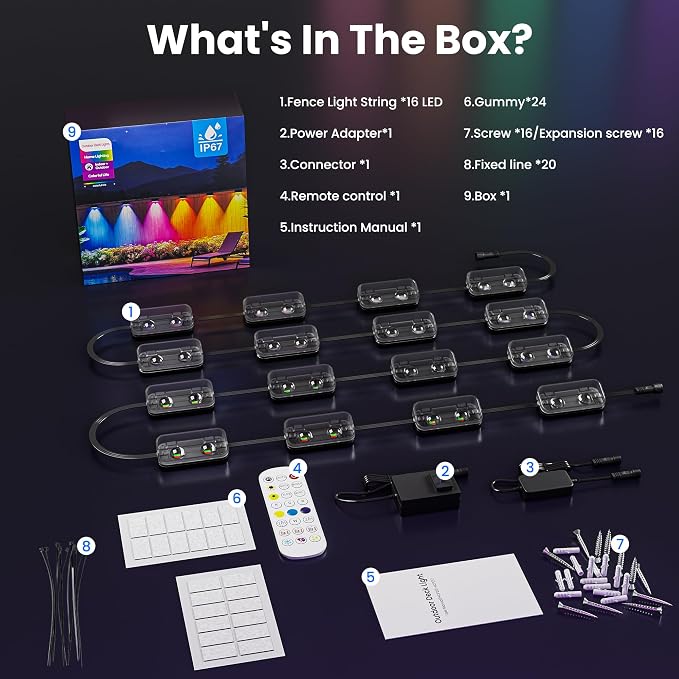 16 Pack 100ft Outdoor Deck Lights, Fence Lights APP/Remote Control | RGBICfence lights,16 Million Monochrome Modes,IP67 Waterproof, Color Changing Fence Lights for Fence