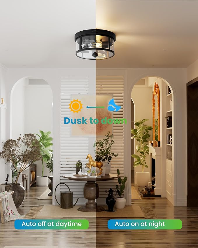 Outdoor Flush Mount Ceiling Light - 12.5in Motion Sensor Porch Light, 2-Light E26 Socket, Durable Iron & Clear Glass, Light Fixtures for Porch, Driveway, Covered Patio, Farmhouse