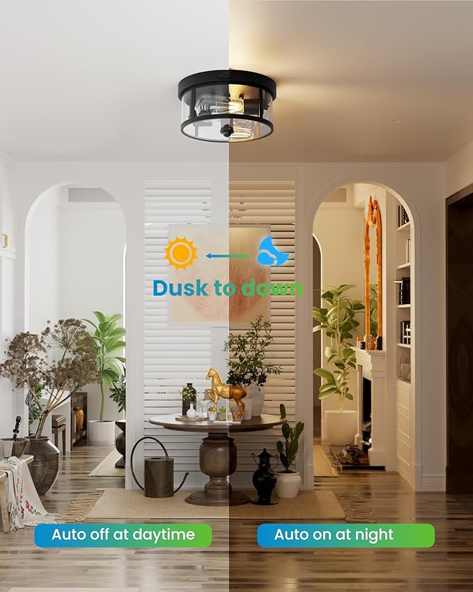 Outdoor Ceiling Light with Motion Sensor 9.3in - Porch Lights Outdoor, E26 Base, Flush Mount, 360° Detection, 3 Modes (Auto/Dusk to Dawn/Always-on), Farmhouse Ceiling Light for Porch, Entryway