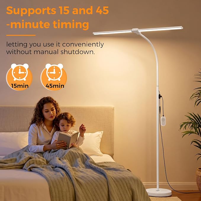 Dual-head LED Floor Lamp 20W 1400LM Adjustable Neck Bright Light White | Adjustable Brightness & Color Temperature, Modern Corner Tall Standing Lamp for Living Room Office Bedroom Reading