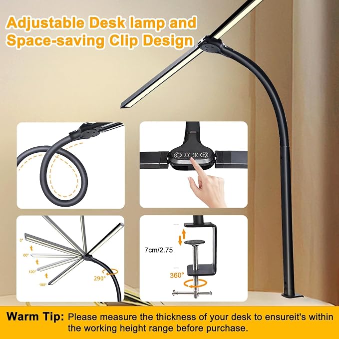 Double Head LED Desk Lamp for Office - Eye Caring Lamp with Clamp | Flexible Adjustable Lighting Gooseneck Desk Light, 4 Color Modes & 5 Brightness Levels for Monitor Workbench Study
