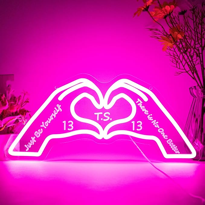 Hand Heart Neon Sign, Music Merch Gifts for Girls, Gift for Fans, Music Lover, Christmas Birthday Boys Girls(Pink with Words)