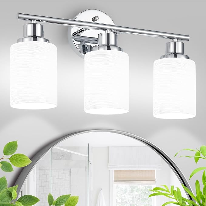 3-Light Chrome Vanity Lights for Mirror, Bathroom Light Fixtures with Textured Milky White Glass Shade, Modern Kitchen Light Fixtures Wall Sconce Light