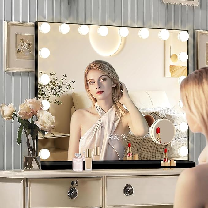 Black Hollywood Vanity Mirror with Lights, 18 Dimmable Bulbs, 3 Color Lights,Make Up Lighted Mirror, Aluminum Metal Frame, USB Charging Port（32" x 24"）