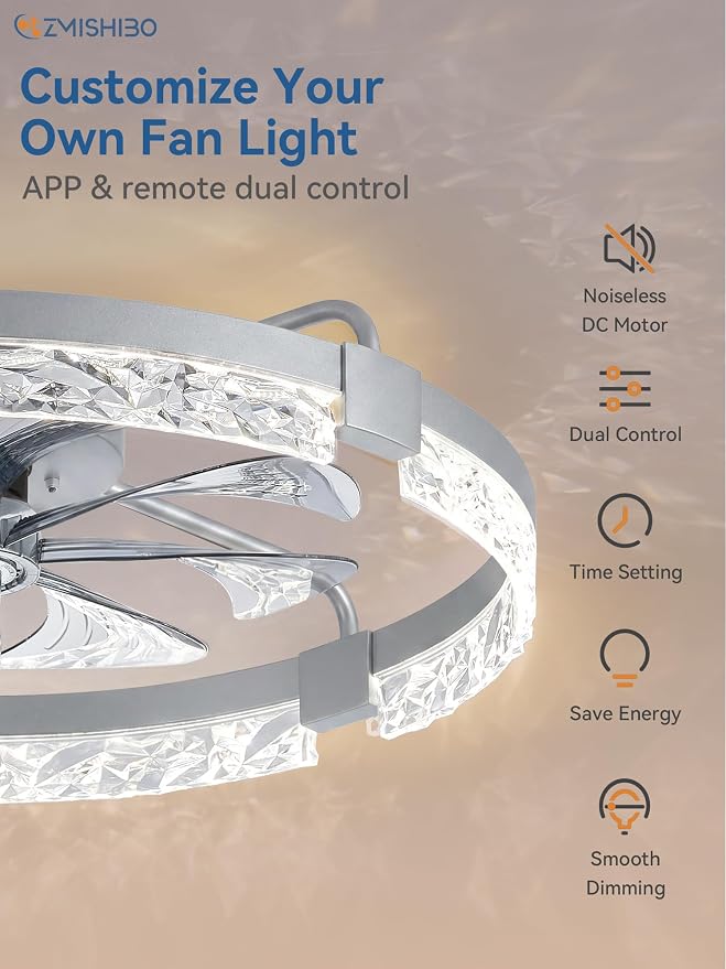 ZMISHIBO 24 Inch Ceiling Fans with Lights, Flush Mount Remote & App Control | 3CCT Dimmable LED, DC Motor, Bladeless, Reversible Blade, 6 Speeds, Modern, Low Profile, Enclosed, Bedroom, Kids, Girl, Adult