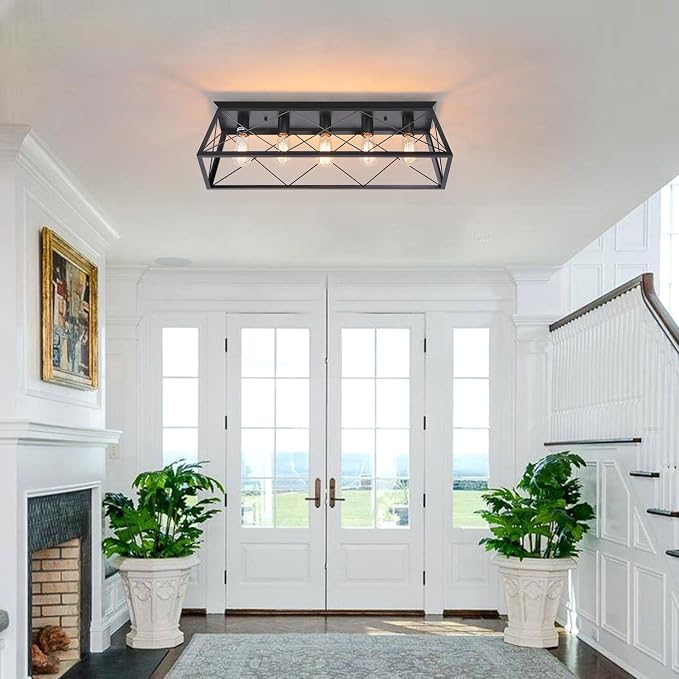 31.5" Black Flush Mount Ceiling Light Fixture, 5-Light Vintage Industrial Cage Chandelier for Dining Room, Kitchen Island, Living Room, Dimmable Large Semi Flush Mount Close to Ceiling Light