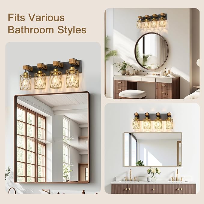 IZORRO Farmhouse Bathroom Vanity Light, 4-Light Wood Bathroom Light Fixtures Over Mirror, Black and Gold Industrial Vanity Lights with Metal Shade, Rustic Restroom Lighting Fixtures