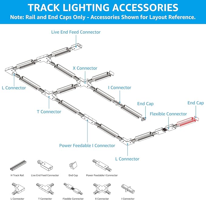 LEONLITE H Track Rail, 4FT H Type Track Lighting Rails & 2xEnd Caps, UL Listed, Flame Retardant Material, Use with Track Lighting Heads, White