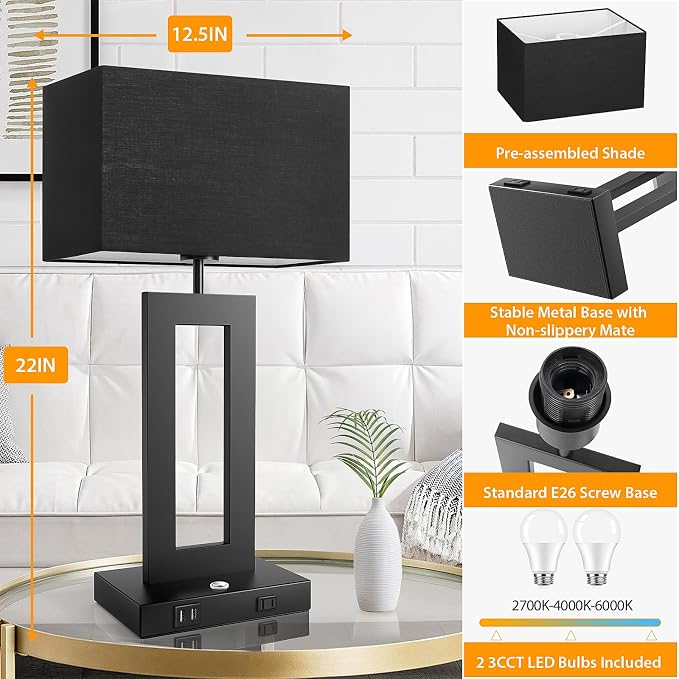 3 Color Temperatures Black Table Lamps for Bedrooms Set of 2, 22’’ Touch Control Bedside Nightstand Lamps with 2 USB Ports & AC Outlet, Modern Lamp Sets for Living Room, Stepless Dimming, Black Shade