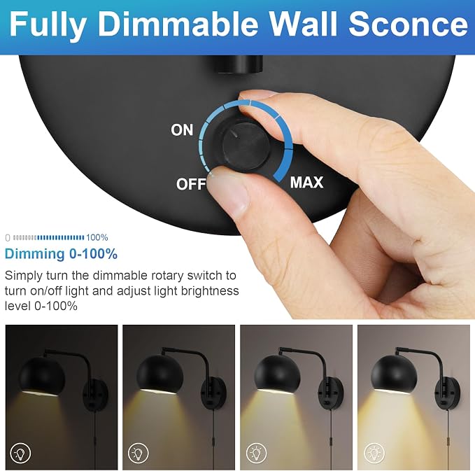 VATONI Dimmable Wall Sconces Set of 2, Plug in Wall Sconces Swing Arm Wall Lights with Plug in Cord and Dimmer On/Off Knob Switch, Black Globe Wall Light for Bedside Bedroom Bathroom(2 Bulbs Included)