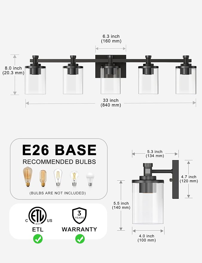 Bathroom Light Fixture, Bathroom Vanity Light Over Mirror, 5-Lights | Vanity Lights for Bathroom, Modern Lighting Fixtures with Clear Glass Shade, Black Vanity Lights, ETL Listed