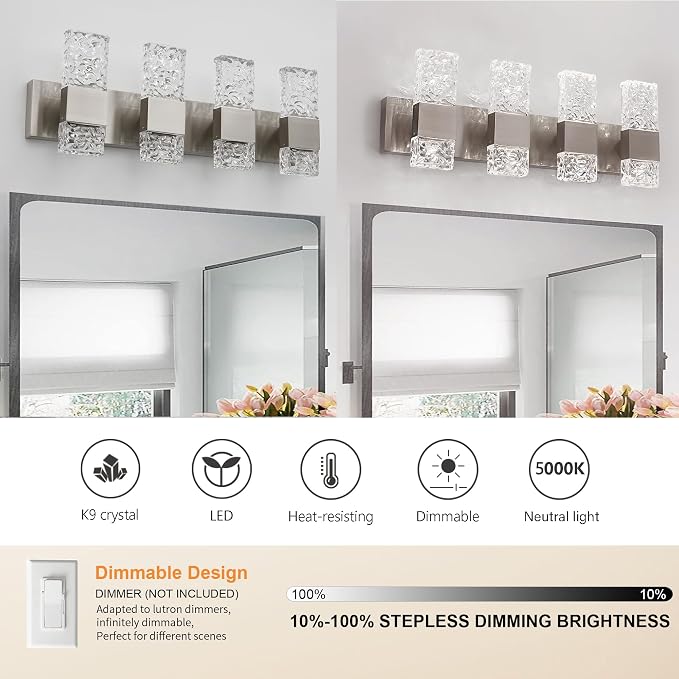 Modern Bathroom Light fixtures Brushed Nickel Dimmable Vanity Lights for Bathroom Crystal LED Bathroom Lighting fixtures Over Mirror 4 Light 6000K
