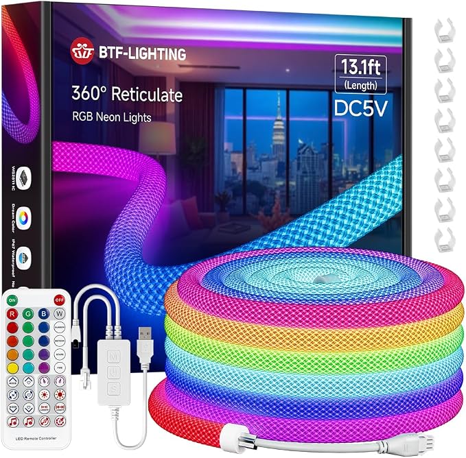 BTF-LIGHTING 13.1FT WS2811 WS2812B IC RGB DC5V 360 Degree Round Reticulate Chasing Color Neon LED Strip Kit Bluetooth Controller Flexible Silicone IP67 Waterproof Rope Light for Home Decor(No Adapter)