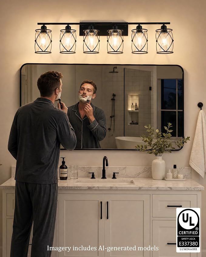 6-Light Matte Black Bathroom Light Fixtures Over Mirror, 42" UL-Listed Modern Wall Sconce Lights with Clear Glass and Metal Cage for Bath, Hardwire E26, CH9176BK-6W