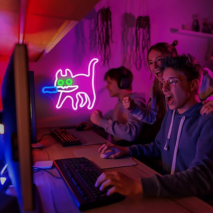 Cautiously Cat Neon Signs for Wall Decor Dimmable Sneaky Cat Knife Neon Light Sign for Bedroom Pink Anime Cat Neon Sign for Zoo Cat Cafe Cat Man Cave