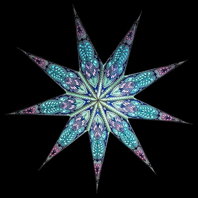 Lantern Lampshade Paper Star Light Shades Large 60cm Hanging Decorations for Christmas Wedding Home Decoration Birthday Party Foldable 9 Pointed Star (Glitter Blue, Purple, Red)