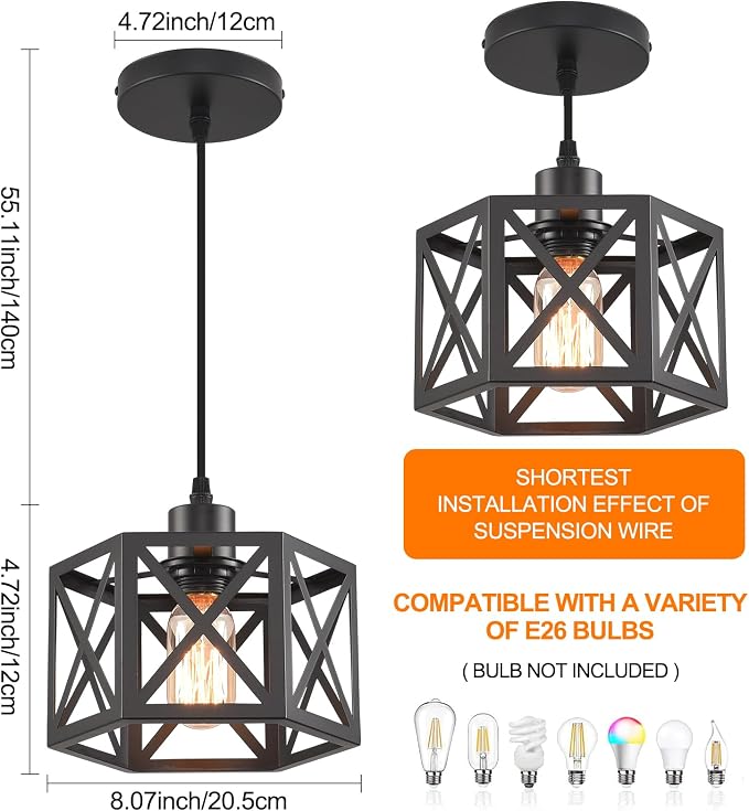 Farmhouse Pendant Light Fixture, Black Pendant Lights for Kitchen Island Industrial Lantern Pendant Light Fixtures with Light Shade, Adjustable Height Hanging Pendant Lighting
