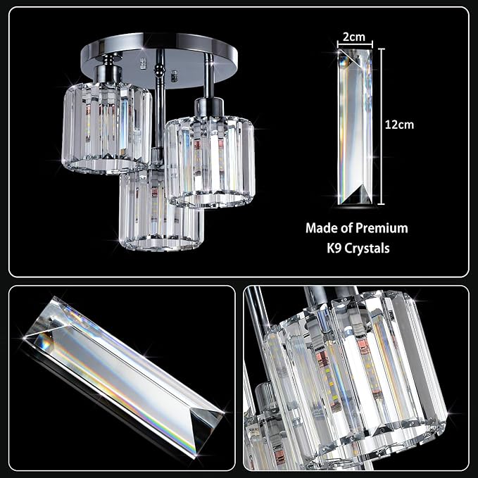PAUFUL Semi Flush Mount Ceiling Light,3-Light Modern Close to Ceiling Light Fixtures,Kitchen Light with Clear Crystal Shades, Hallway Light Fixtures for Kitchen Entryway Bedroom Bathroom Foyer