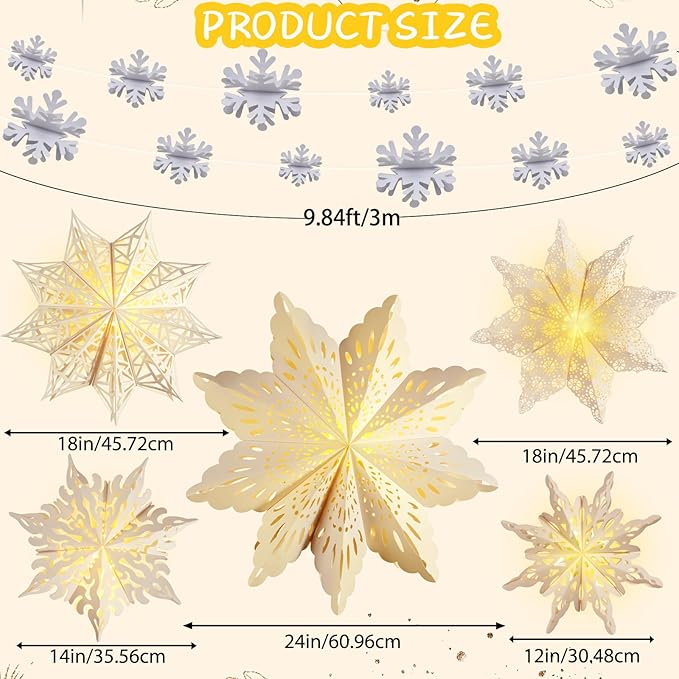 5Pcs Christmas Paper Snowflake Lanterns, Large Christmas Paper Star Lanterns with Lights & Banner White Hanging Snowflake Lamps for Xmas Winter Frozen Weddings Birthday Holiday Party Decorations
