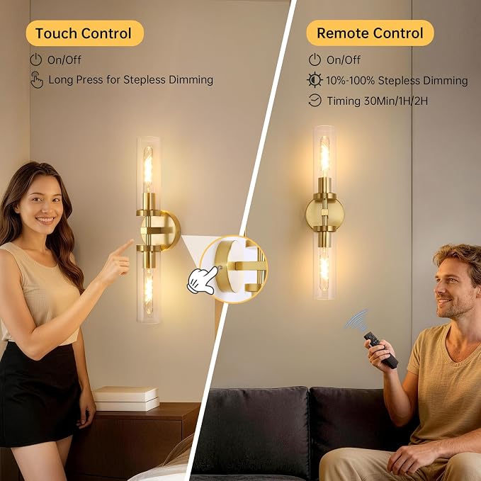 Shenmoyl Battery Operated Wall Sconces Set of Two,21" Gold Rechargeable Wall Lighting Fixtures, Dimmable Wall Lights with Remote & Clear Glass Shade for Living Room,Bathroom,Bedroom