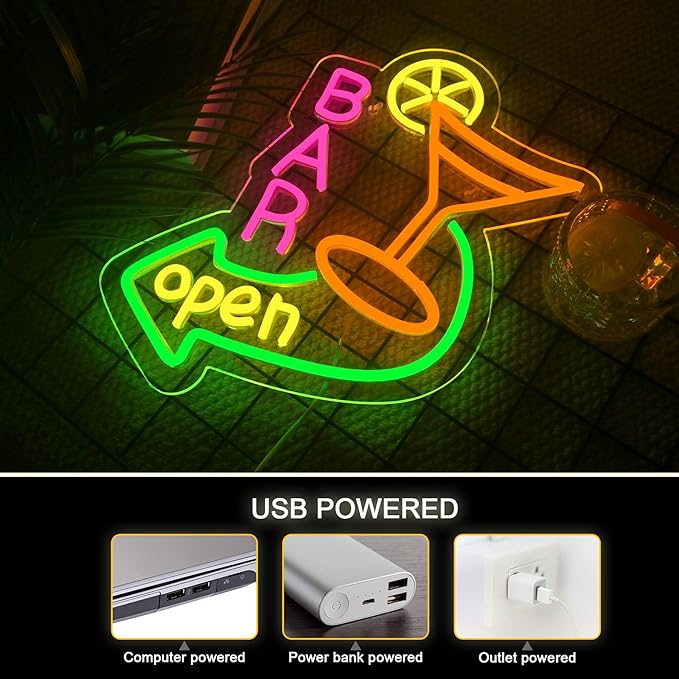 NOSUN Bar Open Neon Sign Dimmable LED Cocktail Neon Lights Signs for Wall Decor Neon Open Sign Open Light Bar Sign for Business Pub Store Man Cave Party Club Restaurant Decor