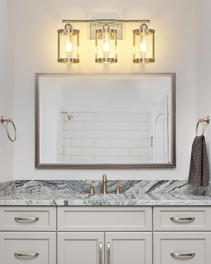 3-Light Brushed Nickel Bathroom Light Fixtures, 21 Inch Modern Bathroom Vanity Lighting Fixtures Over Mirror with Clear Glass and Metal Cage Wall Sconce Lights for Bath, E26, OS-3014BN-3W