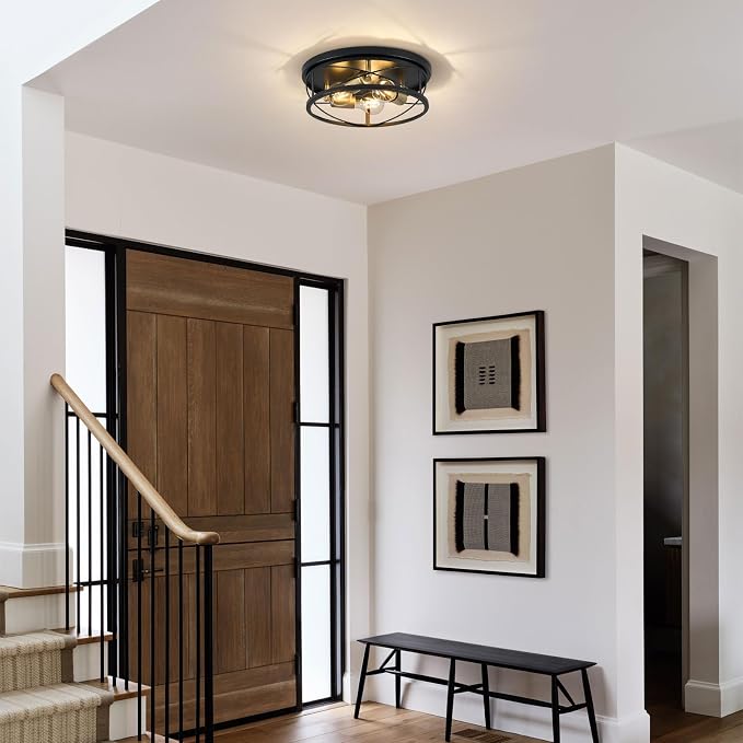 Farmhouse Light Fixtures, Black and Gold Round Metal Flush Mount Ceiling Light, 3-Light Cage Ceiling Lamp for Kitchen, Foyer, Bedroom, Hallway（Bulbs Not Included）