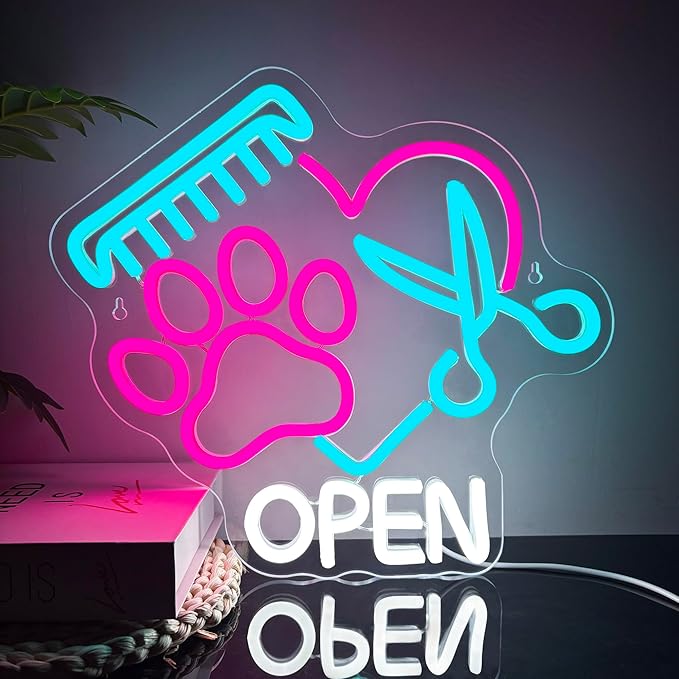Mutank Pet Shop Open Neon Sign, Paw Neon Light USB Powered LED Dimmable Scissors Sign, for Pet Shop Business Sign Pet Spa Pet Salon Animal Clinic Decor Pet Grooming and Welcome Sign(13.3 * 12.2 In)